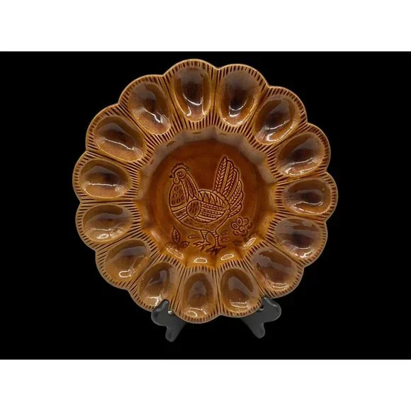 California Pottery Golen Brown Deviled Egg Plate, Made in USA - Picture 2 of 16